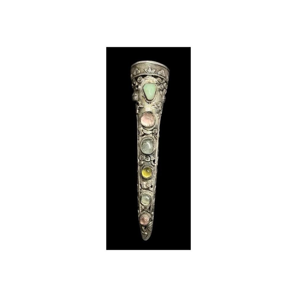 Antique Sterling Silver Chinese Ornate Fingernail Brooch with Gemstones